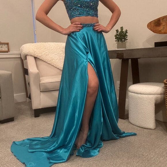 Teal Two-Piece Rhinestone Sherri Hill Prom Dress - Picture 5 of 6